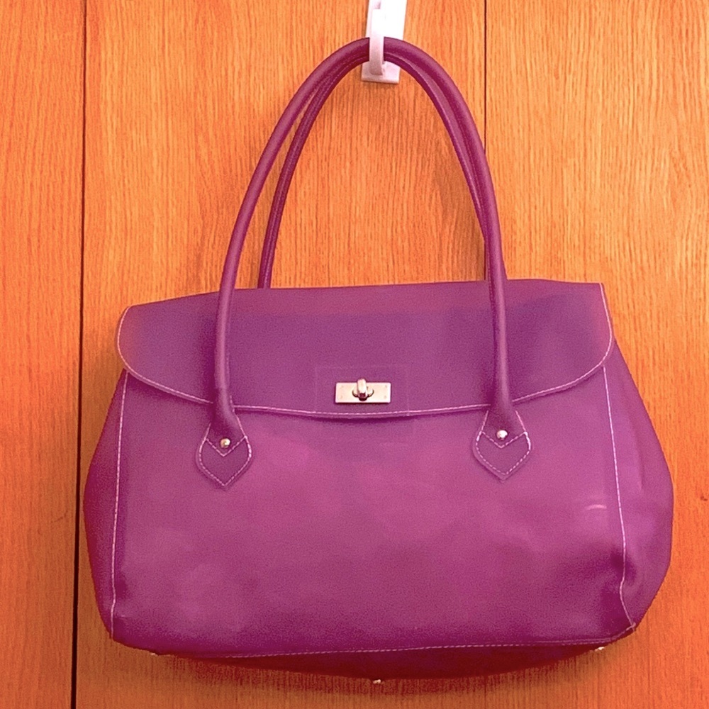 Helen Welsh Italy large purple vegan purse sheer turnlock satchel & wallet VGUC